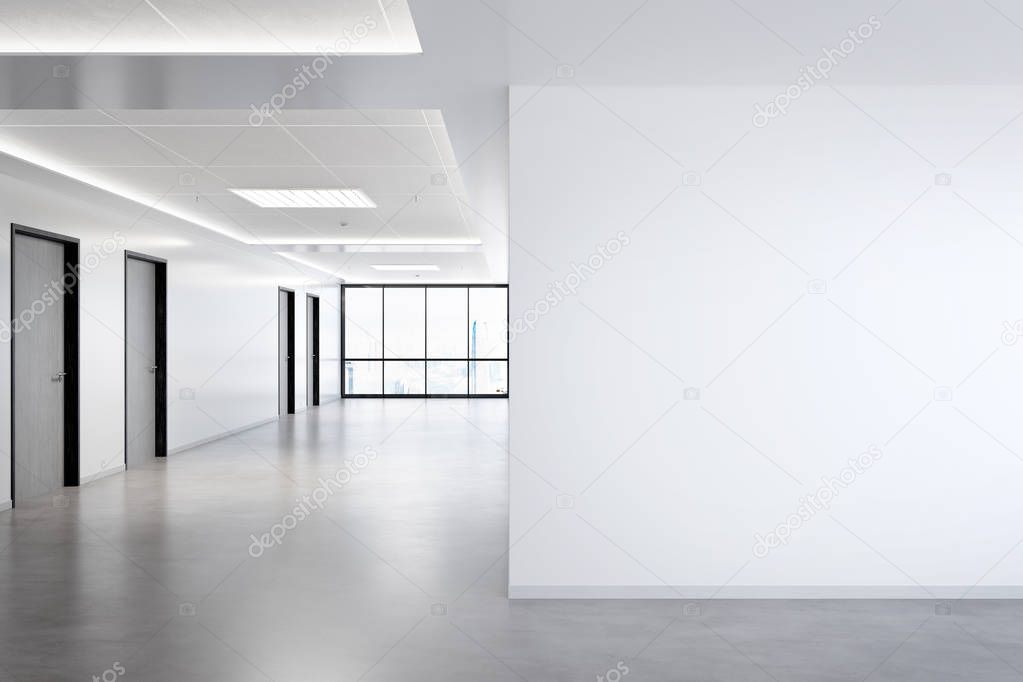 Blank wall in bright office mockup with large windows and sun passing through 3D rendering