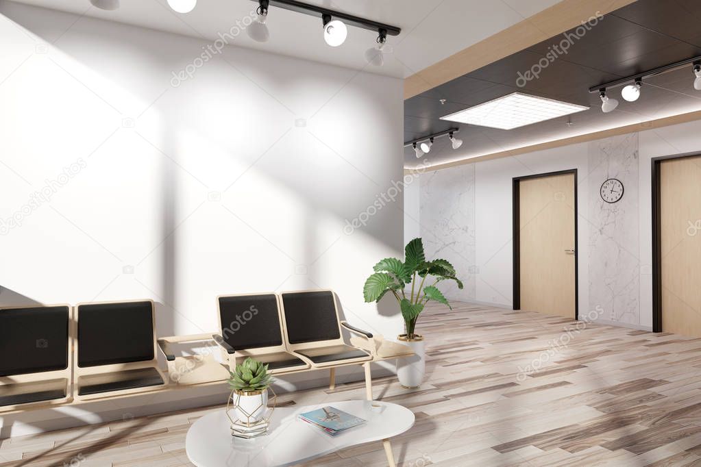 Blank white wall in bright wooden waiting room Mockup 3D rendering