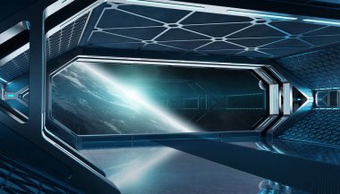 Koyu mavi uzay gemisi fütüristik iç planı üzerinde pencere Manzaralı