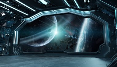 Koyu mavi uzay gemisi fütüristik iç spac pencere Manzaralı