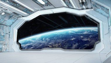 Beyaz mavi uzay gemisi fütüristik iç pencere manzaralı pla