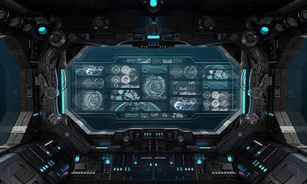 Dark spaceship interior with control panel digital screens 3D re