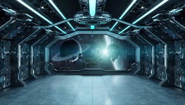 Koyu mavi uzay gemisi fütüristik iç spac pencere Manzaralı