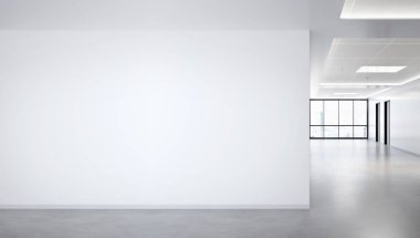 Büyük pencereler ve güneş pa ile parlak ofis mockup boş duvar