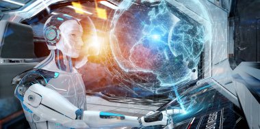 Robot bir beyaz modern uzay gemisi galibiyetle uçan bir kontrol odasında