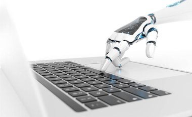 Beyaz robot cyborg el laptop 3d rende üzerinde bir klavye tuşuna basarak