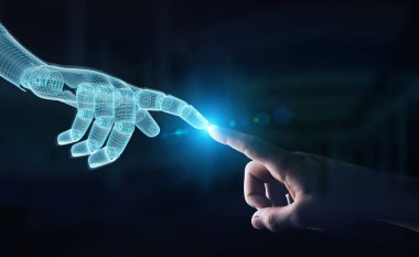 Wireframed Robot el temas karanlık 3d insan eliyle 