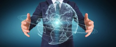 İşadamı küre ağ hologram Amerika ABD ile kullanarak harita 3d
