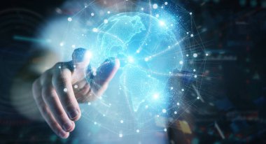 Amerika ABD harita dünya ağ hologram 3D kullanarak işadamı el