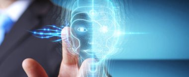 Dijital yapay zeka kafa arayüzünü kullanan işadamı