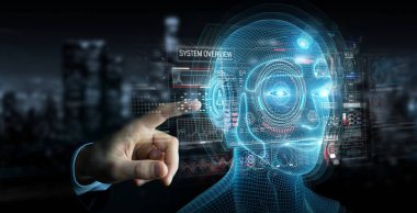 Dijital yapay zeka kafa arayüzünü kullanan işadamı