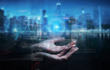 Verileri 3D ile dijital teknolojik arayüz kullanan işadamı 