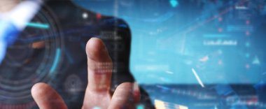 Verileri 3D ile dijital teknolojik arayüz kullanan işadamı 