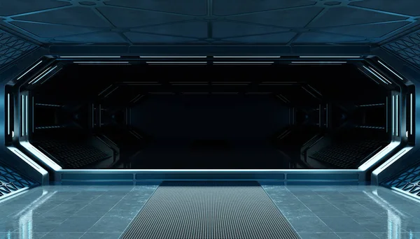 Dark blue spaceship futuristic interior mockup with window 3d re