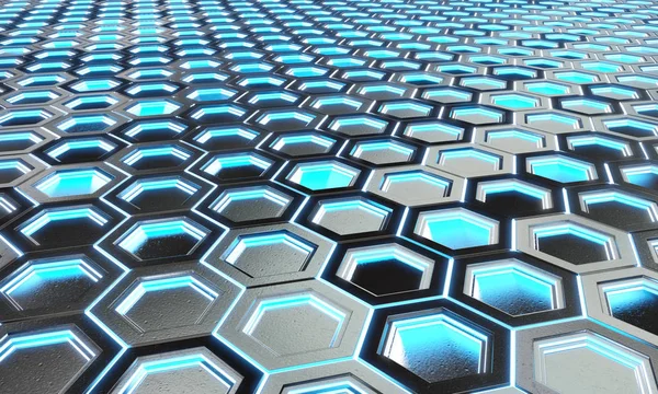 Glowing black and blue hexagons background pattern on silver met
