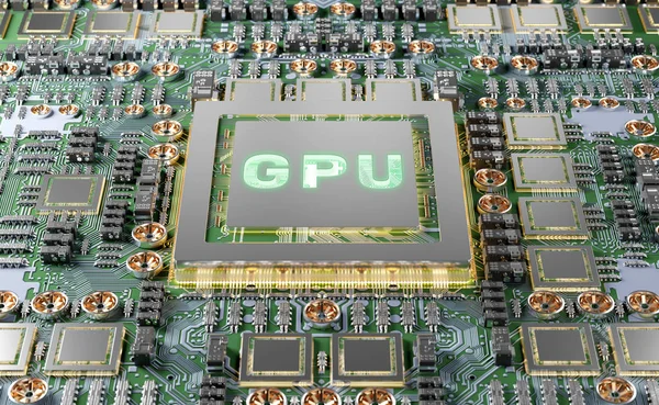 Vue rapprochée d'une carte GPU moderne avec rendu 3D de circuit — Photo