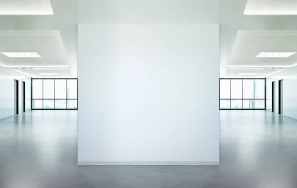 Blank squared wall in office mockup with large windows and sun p — Stock Photo, Image