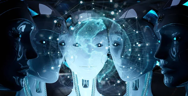 Groep van vrouwelijke robots hoofden kijken wereld kaart interface 3D-ren — Stockfoto