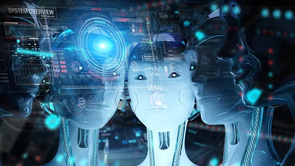 Group of female robots heads using digital hologram screens 3d r — Stock Photo, Image