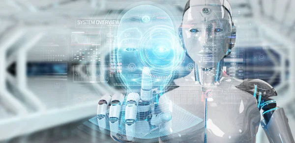 White robot  using digital artificial intelligence head interfac — Stock Photo, Image