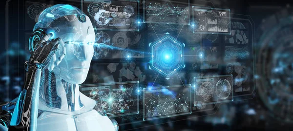 Robot umanoide bianco utilizzando l'interfaccia tecnologica digitale con — Foto Stock