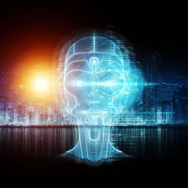 Ρομπότ cyborg κεφάλι τεχνητή νοημοσύνη μάθησης 3d rendering — Φωτογραφία Αρχείου