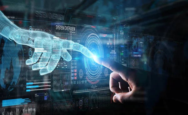 Wireframed robot och mänsklig hand röra digital diagram integre — Stockfoto