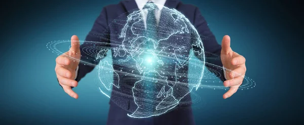 Businessman using globe network hologram with America Usa map 3D