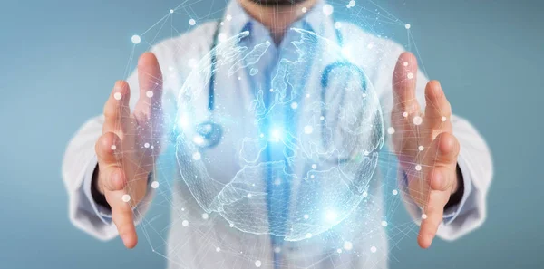 Médecin utilisant la carte Europe globe réseau hologramme rendu 3D — Photo