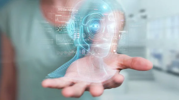 Woman using digital artificial intelligence head interface 3D re — Stock Photo, Image