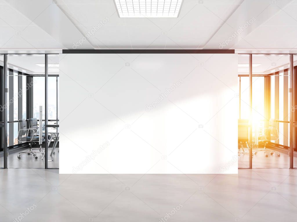 Blank white wall in bright concrete office with large windows Mockup 3D rendering