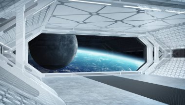 Beyaz mavi uzay gemisi fütüristik iç pencere manzaralı pla