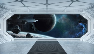 Beyaz mavi uzay gemisi fütüristik iç pencere manzaralı spa