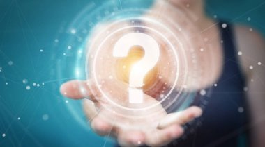 Soru işaretleri dijital arabirimi 3d renderin kullanarak iş kadını