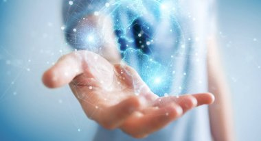 İşadamı Amerika'yı kullanarak Amerika haritası küre ağ hologram 3d rend