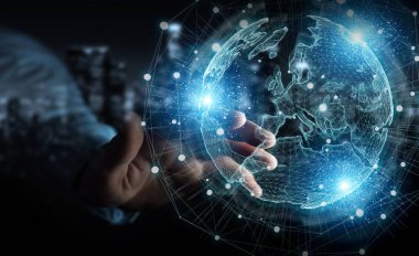 Avrupa harita küre ağ hologram 3d rend kullanarak işadamı el
