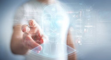 Dijital yapay zeka kafa arayüzünü kullanan işadamı