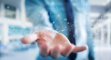 Nokta ile yüzen dijital ağ bağlantılarını kullanan işadamı