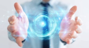 Yeni futuristik enerji güç kaynağı 3D rende oluşturma işadamı