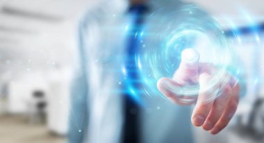Yeni futuristik enerji güç kaynağı 3D rende oluşturma işadamı