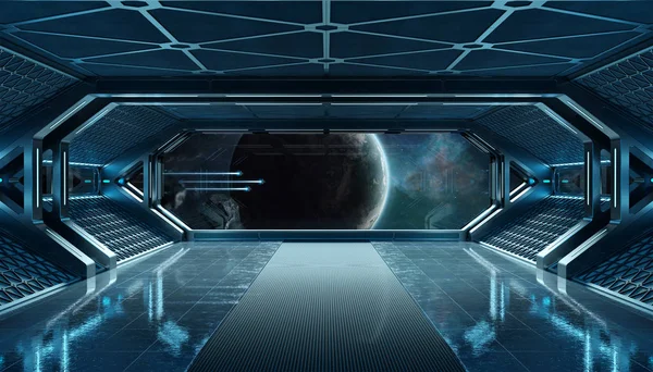 Donker blauwe ruimteschip futuristische interieur met venster zicht op vriendelij — Stockfoto
