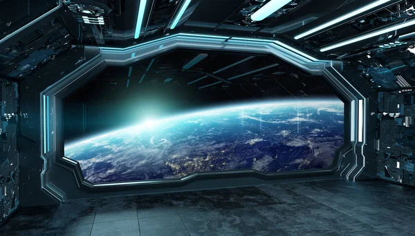 Dark blue spaceship futuristic interior with window view on plan — Stock Photo, Image