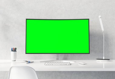 Beyaz masaüstü beton iç mockup 3d rend kavisli monitör