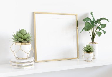 Bitki ve bitkiler ile parlak iç beyaz raf üzerinde eğilme çerçeve