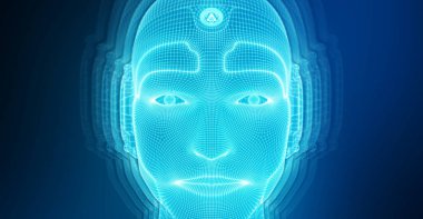 Robot adam cyborg yüz yapay zeka temsil eden 3d 