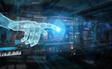 Wireframed mavi robot el karanlık arka grafik arabirimde dokunmadan