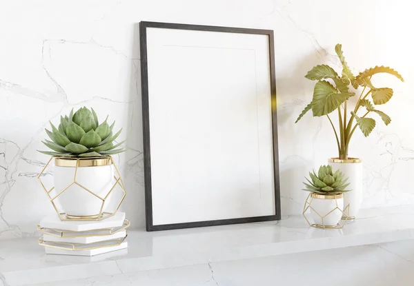 Black frame leaning on white shelve in bright interior with plan — Stock Photo, Image