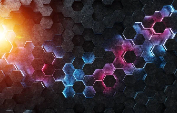 Glowing black blue and pink hexagons background pattern on metal