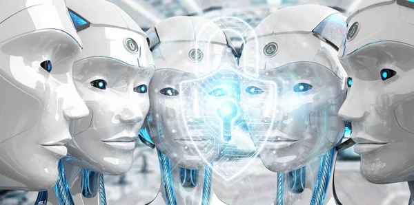 Ομάδα θηλυκό ρομπότ κεφάλια χρησιμοποιώντας cyber ασφάλεια διασύνδεσης 3d r — Φωτογραφία Αρχείου