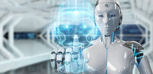 Hvit robot som bruker digital kunstig intelligens hoved-interfac – stockfoto
